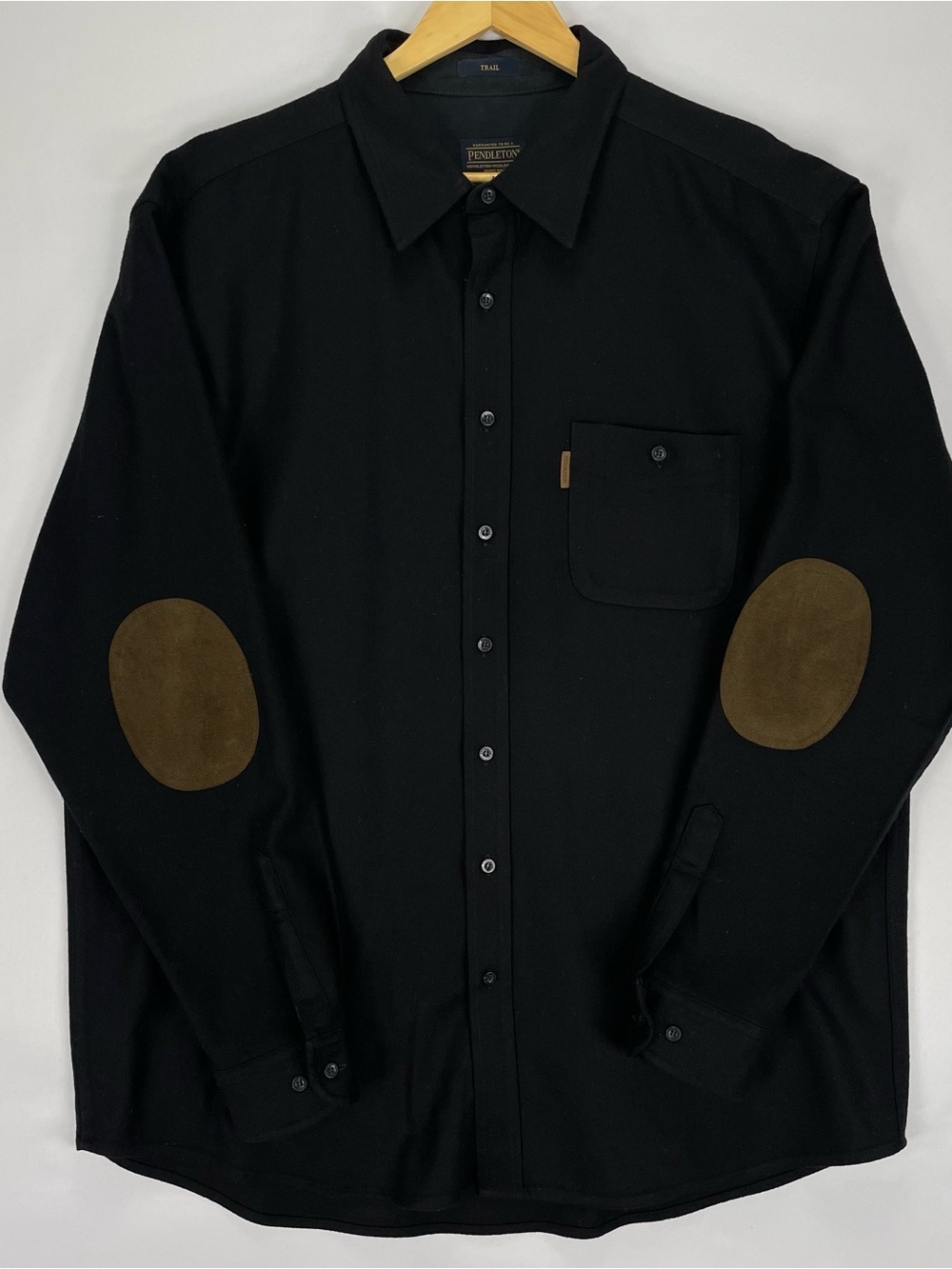 Pendleton Trail Shirt Mens XXL Tall Black 100% Wool Solid Flannel Elbow Patches